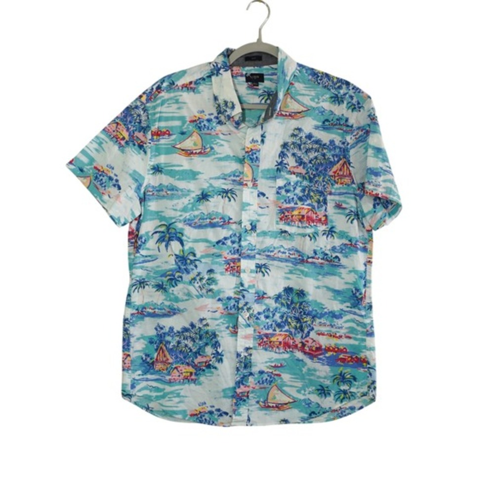 J. Crew Men's Slim Fit Tropical Island Print Short Sleeve Button Down Shirt